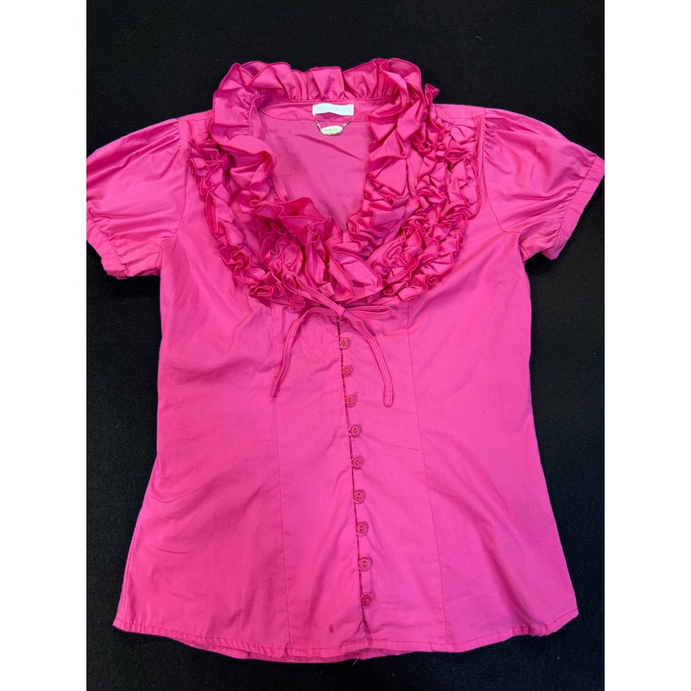 Ali & Kris Pink Ruffle V-Neck Button Down Puff Sleeve Blouse Stretch Top 6220